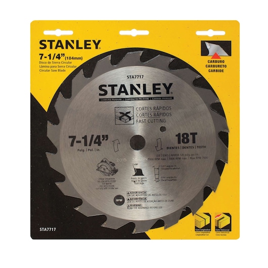 Photo of STANLEY STA7717 circular saw blade, 7-1/4 inch, 18 teeth, carbide tip, in yellow and black packaging, front angle.