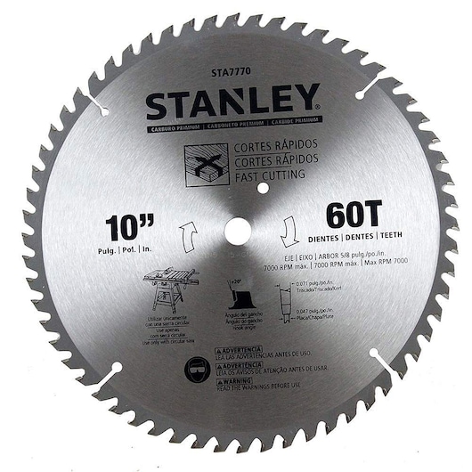 Stanley STA7770 10 inch 60T circular saw blade, silver finish, photographed from above on a white background.