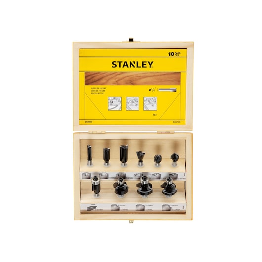 STANLEY STA80000 router bit set, 10 pieces, displayed in open wooden case, photo on white background.