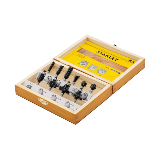 Stanley STA80000 router bit set in wooden box, photography of 10-piece kit on white background.