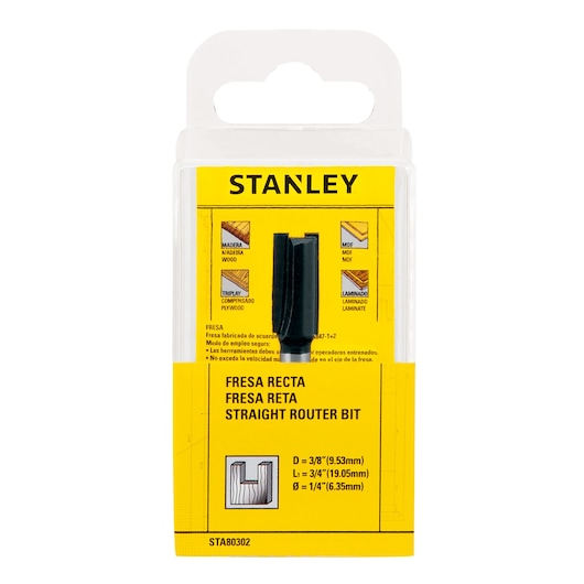 STANLEY STA80302 straight router bit in plastic packaging, yellow label with specifications and wood material icons, front angle.
