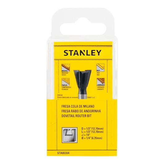 Photo of STANLEY STA80304 dovetail router bit in yellow retail packaging, visible front angle with measurements listed.