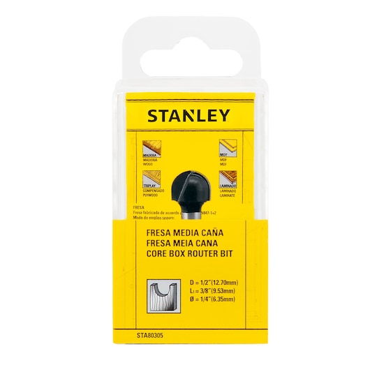 STANLEY STA80305 core box router bit in yellow blister packaging, shown front angle with product details visible.