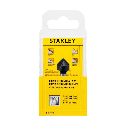 STANLEY STA80306 V-groove router bit in yellow and clear plastic packaging, front angle on white background.