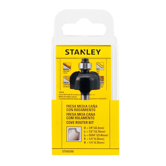 STANLEY STA80308 cove router bit in plastic packaging, front angle, for woodworking, yellow and black label.