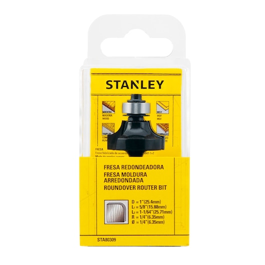 STANLEY STA80309 roundover router bit in clear plastic packaging, front view, with yellow label and specifications.