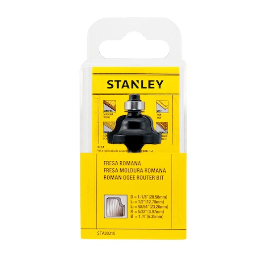 Stanley STA80310 Roman ogee router bit in yellow retail packaging, front angle photography.