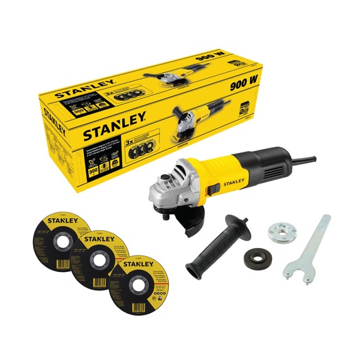 STANLEY STGS9115D angle grinder kit with yellow box, grinder, three discs, handle, and wrench, front angle.