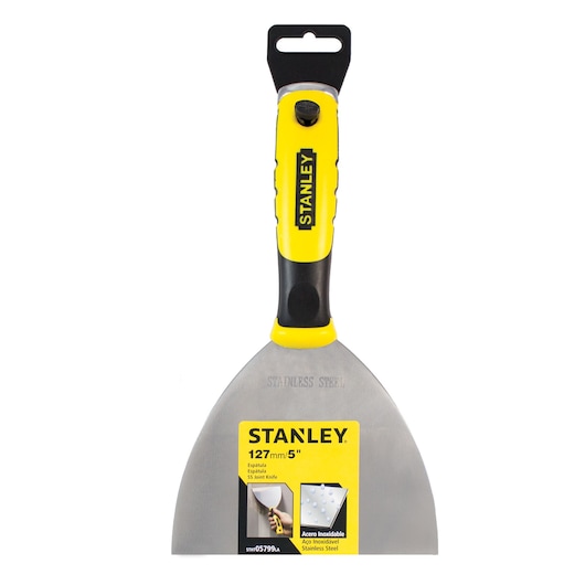 Photo of STANLEY STHT05799LA joint knife with yellow and black handle, 127mm stainless steel blade, front view.