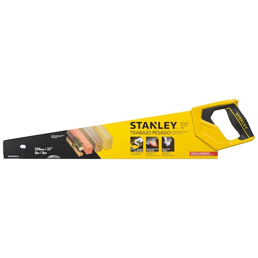 STANLEY STHT20376-LA hand saw with yellow and black handle, heavy-duty, 22-inch blade, front angle on white background.