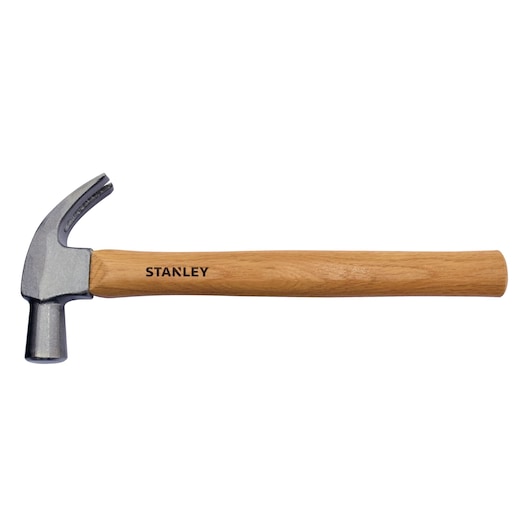 Stanley STHT51368-840 claw hammer with wooden handle, side angle, white background.
