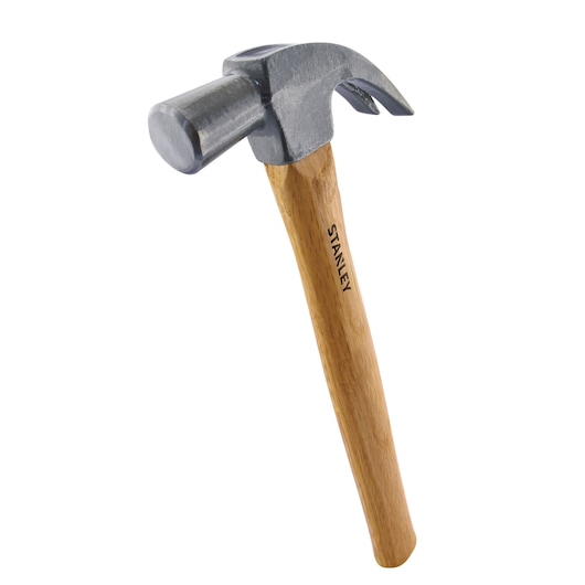Stanley STHT51368-840 claw hammer with wooden handle, photography, angled view on white background.