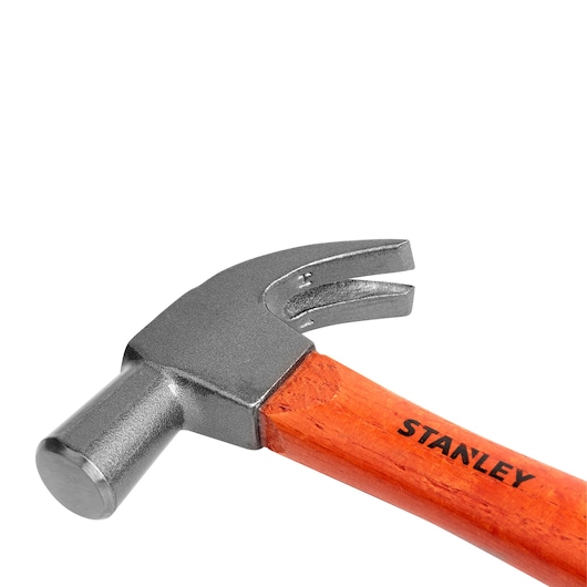 Stanley STHT51369-840 claw hammer, wood handle, close-up side view on white background.