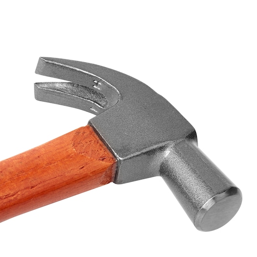 STANLEY STHT51369-840 claw hammer with steel head and wooden handle, close-up on white background.