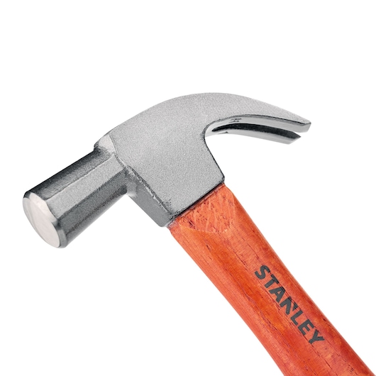 STANLEY STHT51371-840 claw hammer with silver metal head and varnished wooden handle, side angle on white background.