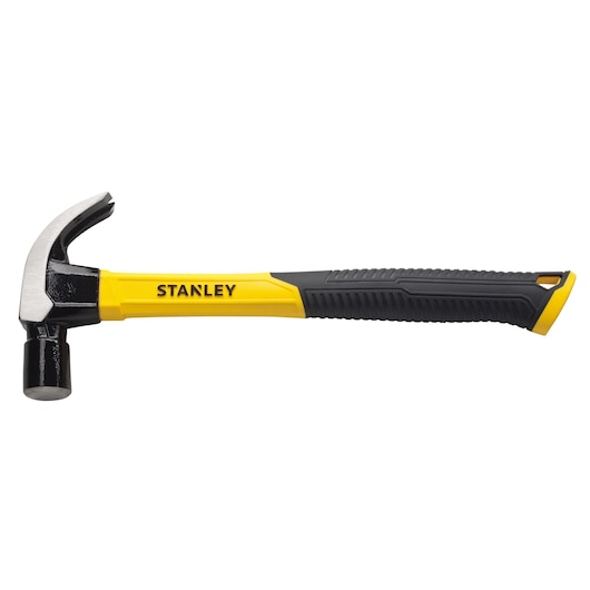 STANLEY STHT51391 claw hammer, yellow and black handle, side view on white background.