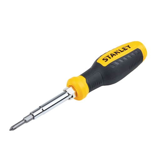 Stanley STHT60083-LA multi-bit screwdriver with yellow and black handle, side angle on white background.