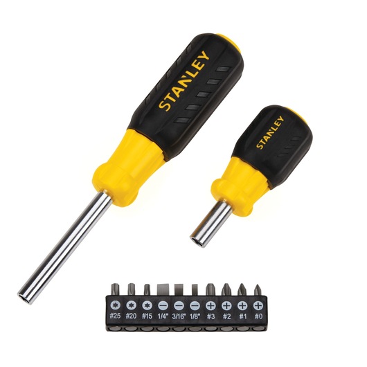 Photo of STANLEY STHT60085-LA screwdriver set with two black and yellow handles and assorted bit set, front angle.