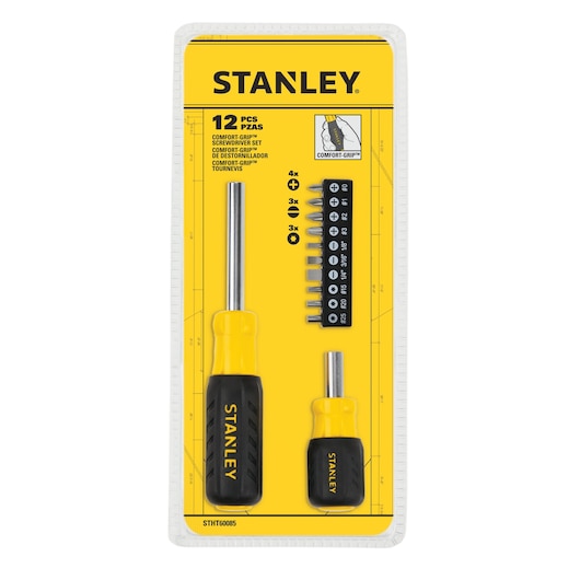 STANLEY STHT60085-LA screwdriver set, 12 pieces with yellow and black comfort-grip handles and assorted bits, front view.