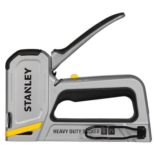 STANLEY STHT70250 heavy duty tacker, silver and black, side angle on white background, ergonomic handle.