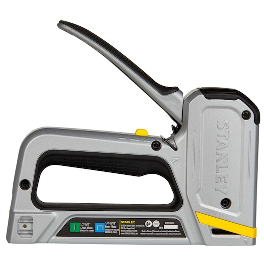 STANLEY STHT70250 heavy-duty manual staple gun, silver and black, left side view on white background.