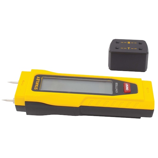 Stanley digital moisture meter with LCD screen, yellow and black, angled side view on white background