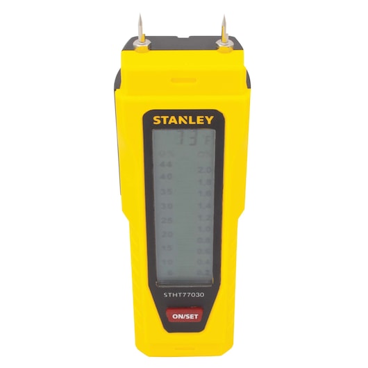 Stanley digital moisture meter front view, yellow casing, dual metal probes, model STHT77030