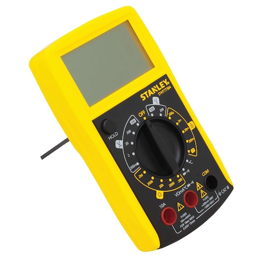 Stanley yellow digital multimeter angled on white background, showing display, dial, and input ports.