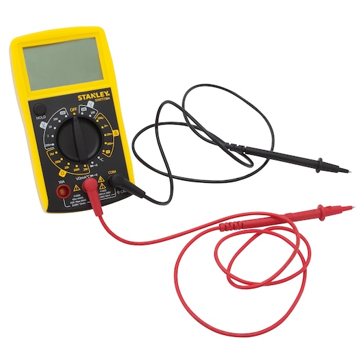 STANLEY digital multimeter front angle, yellow and black body, with red and black test leads on white background