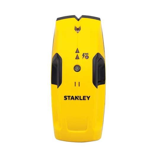 Front view of STANLEY yellow stud finder with black grips and indicator lights on white background.