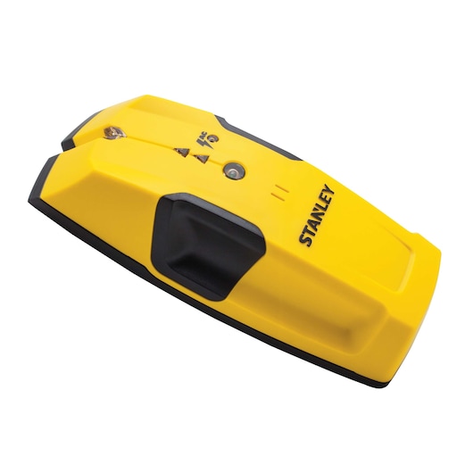 Stanley stud finder angled view on white background, yellow and black handheld electronic tool