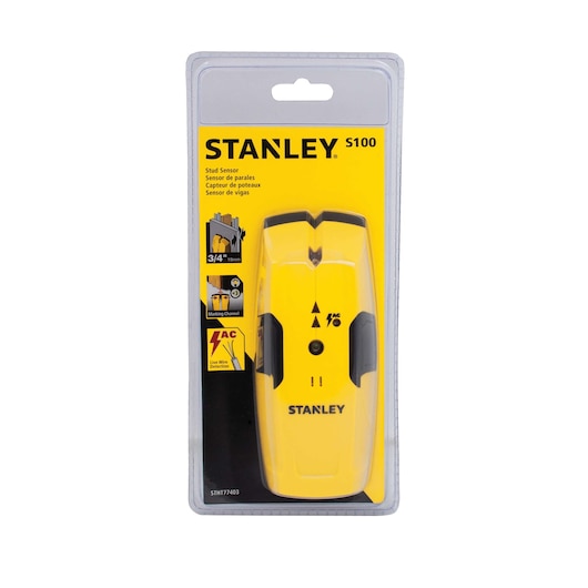 Photo of STANLEY S100 stud sensor, SKU STHT77403, in yellow and black, in retail packaging, front angle.