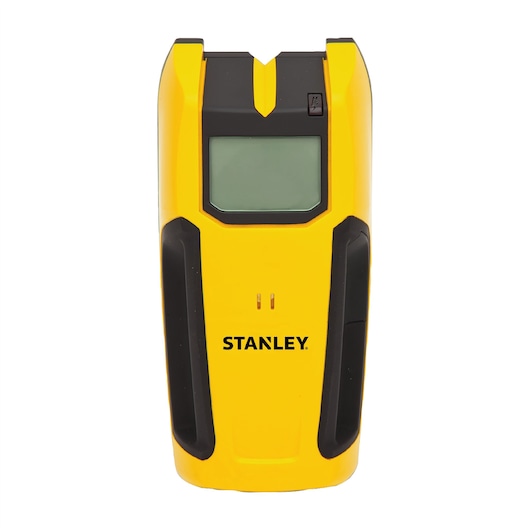 Front angle of STANLEY stud finder with yellow and black casing and LCD screen on white background.