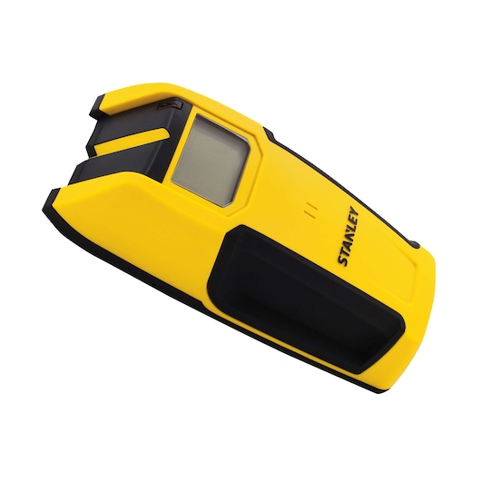 Stanley electronic stud finder, angled side view on white background, yellow and black body with digital display