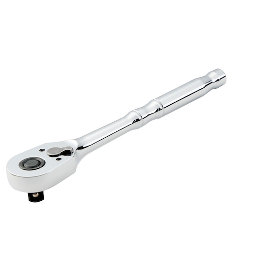 STANLEY STMT17988-LA chrome finish ratchet wrench, photography of angled side on white background.