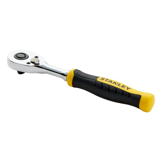 STANLEY STMT17990-LA ratchet wrench with chrome head and black and yellow handle, angled on white background.