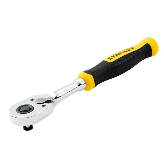 STANLEY STMT17992-LA ratchet with chrome head and black-yellow ergonomic handle, front angle, hand tool.