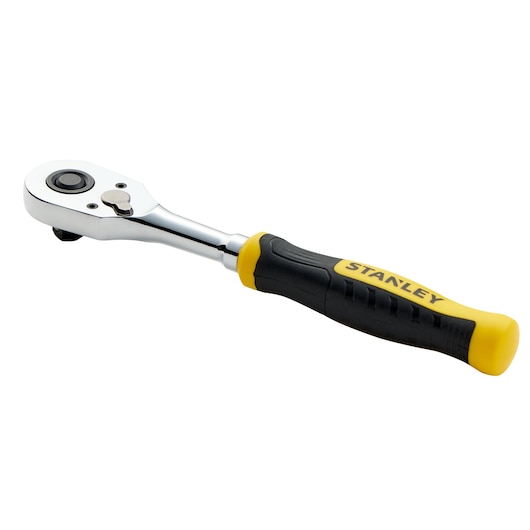 Photo of STANLEY STMT17992-LA ratchet with yellow and black ergonomic handle, angled view on white background.