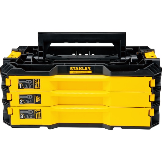 STANLEY STMT17993-LA yellow and black stackable tool organizer with three labeled drawers, front angle.