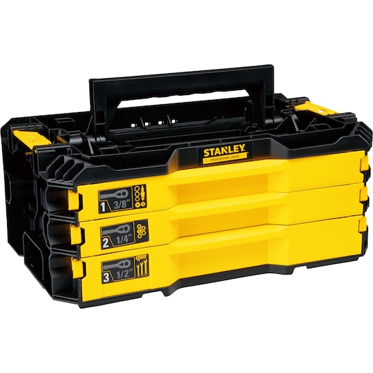 STANLEY STMT17993-LA yellow and black tool organizer box with three labeled drawers, angled front view.