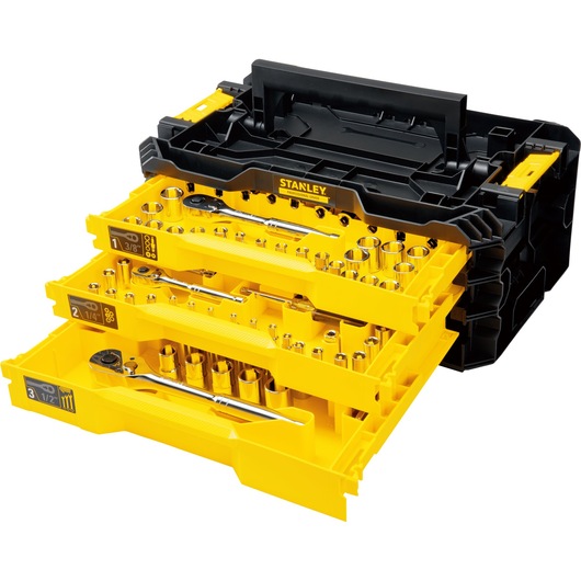STANLEY STMT17993-LA socket and ratchet set with three yellow sliding trays in black case, front angle.