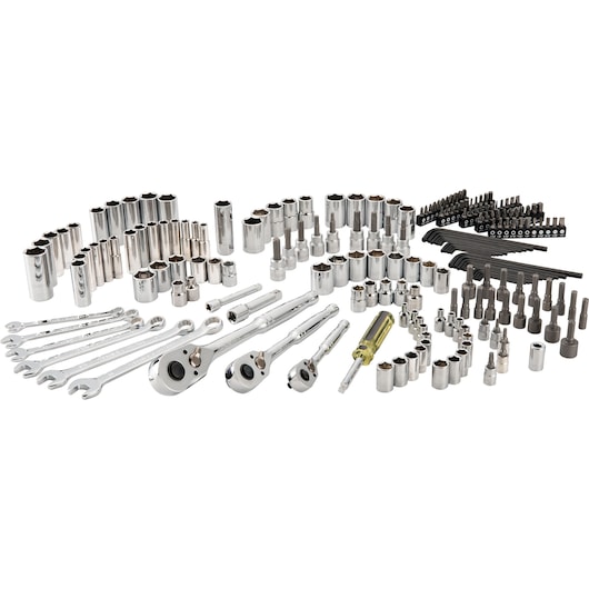 STANLEY STMT17993-LA socket and ratchet set with wrenches, bits, and hex keys, photography on white background.