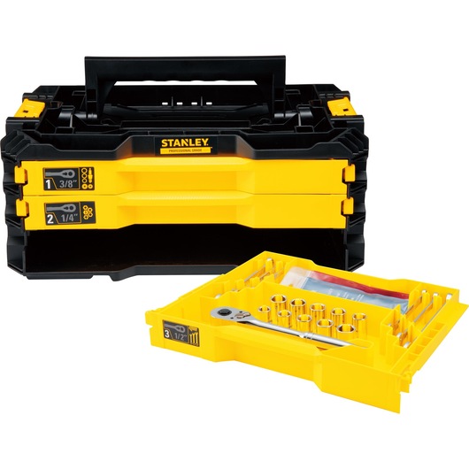 STANLEY STMT17993-LA yellow and black portable tool box with removable tray containing socket set and ratchet, front angle.