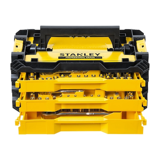 STANLEY STMT17993-LA socket set with three open yellow trays showing sockets and ratchet, front view on white.