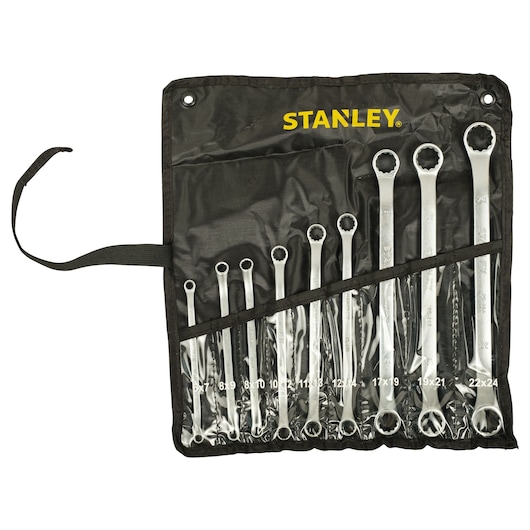 STANLEY STMT25147 combination wrench set in black roll-up pouch, photography front angle, 12 pieces visible.