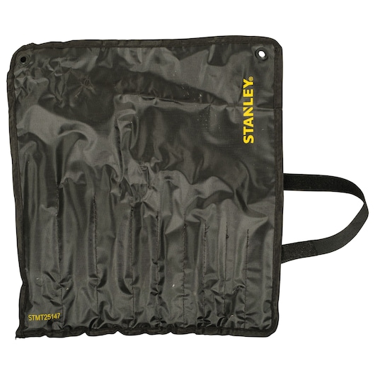 STANLEY STMT25147 black tool roll pouch with yellow logo, multiple slots, and hook-and-loop strap, front angle.