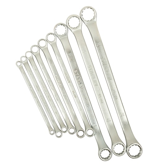 STANLEY STMT25147 combination wrench set, 8-piece, silver finish, top view on white background.