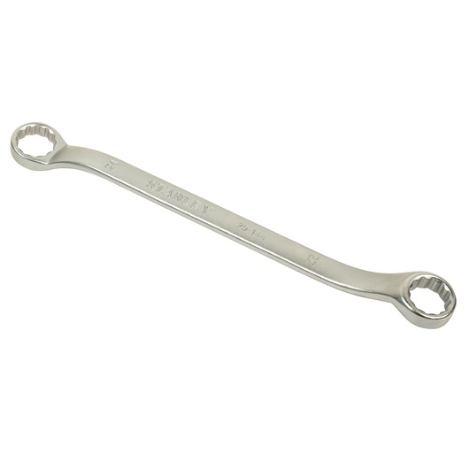 STANLEY STMT25147 chrome double box end wrench, photography, top angle on white background.