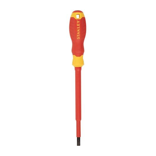 STANLEY STMT60166-LA insulated flathead screwdriver, red and yellow handle, front angle, white background.