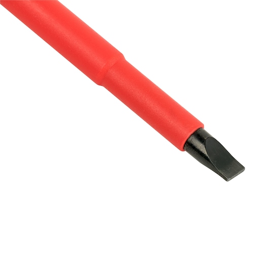 STANLEY STMT60167-LA insulated flathead screwdriver with red handle, close-up on white background.